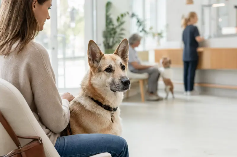 Ein Kanaanhund sitzt ruhig neben seinem Besitzer im hellen Wartezimmer einer modernen Tierarztpraxis.